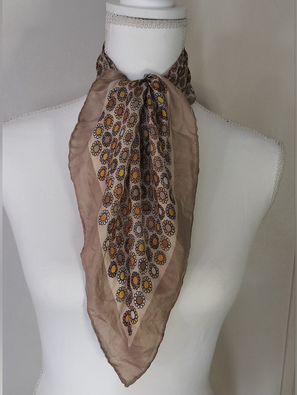 Beige Floral Print Neck Scarf with Yellow Accents